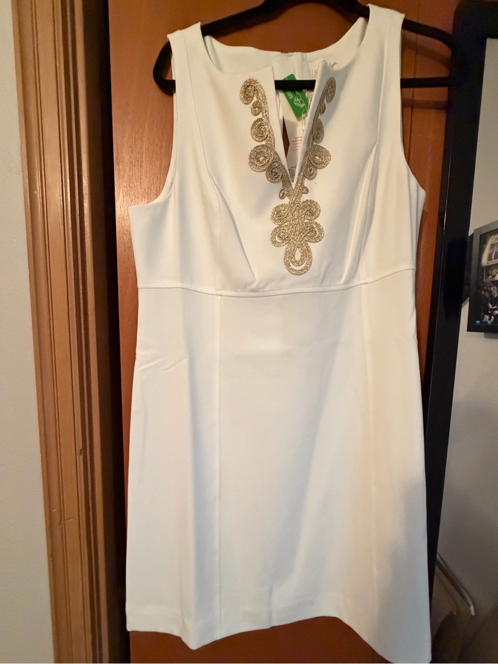 Lilly Pulitzer White Sleeveless Sheath Dress with Gold Embroidery